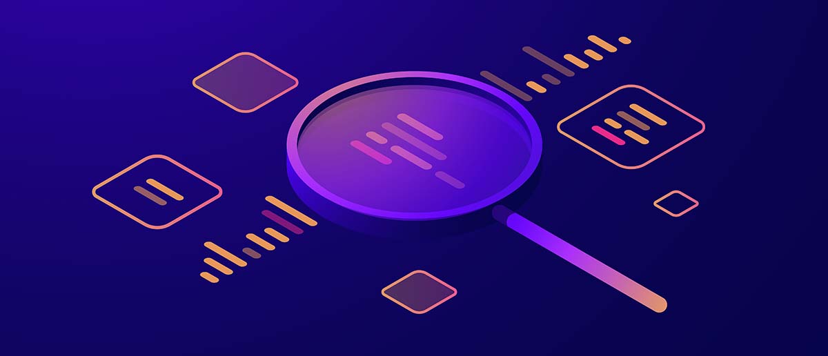 Data processing isometric icon, business analytics and statistics, magnifying glass, data visualization, infographic dark neon vector